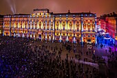 France, Rhone, Lyon, the Presqu'ile, historical site listed as World Heritage by UNESCO, Place des Terreaux, the Palais des Beaux Arts during the Fete des Lumieres (Light Festival), show a little story of light of Spectaculaires and the Allumeurs d'Images