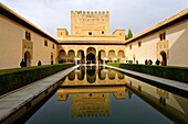 Spain, Andalusia, Granada, the Alhambra Palace, listed as World Heritage by UNESCO, built between 13th and 14th century by the Nasrides dynasty, islamic architecture, Nasrid dynasty's palace, Patio de los Arrayanes