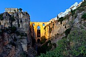 Spain, Andalusia, Malaga Province, Ronda, white villages road (Ruta de los Pueblos Blancos), perched village on a rocky spur and the Puente Nuevo (New Bridge)