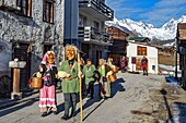 Switzerland, Valais, Lotschental valley, Wiler, Tschaggatta Carnival, costumes are made from animal skins, wooden masks and horse hair