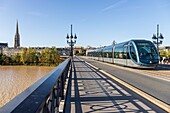 France, Gironde, Bordeaux, area listed as World Heritage by UNESCO, tram on the Pont de Pierre over the Garonne, in the background the Bourgogne gate and spire of the Saint-Michel Basilica