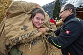 Switzerland, Valais, Evolene valley, Evolene, Carnaval with the Empailles and the Peluches who come from Pagan rites and go around the villages to frighten the bad spirits of winter