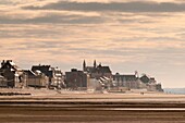 France, Somme, Baie de Somme, Le Crotoy, View of the village from the inside of the Baie de Somme at low tide