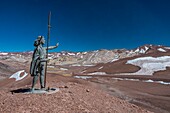 Argentina, La Rioja province, Laguna Brava Provincial Reserve, statue erected in tribute to the pioneers of the andes, road 76 near Chilean border