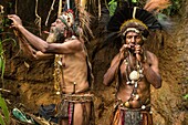 Papua-Neuguinea, Provinz Östliches Hochland, Goroka, Bena-Stamm, Neheya-Initiation, genannt Dring Kol Wara (Trinke kaltes Wasser), wenn die Gemeinen Schilfrohr schlucken