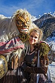 Switzerland, Valais, Lotschental valley, Wiler, Tschaggatta Carnival, costumes are made from animal skins, wooden masks and horse hair