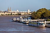 France, Gironde, Bordeaux, area listed as World Heritage by UNESCO, Quai des Queyries, pontoon Yves Parlier, in the background the towers of the Saint-Louis des Chartrons church