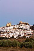 Spain, Andalucia, Cadiz province, white village of Olvera, the Church of Our Lady of the Incarnation and the Arabic fortress