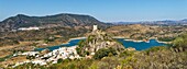 Spain, Andalusia, Cadix province, Zahara de la Sierra, Sierra de Grazalema Natural Parc, general view of the village, Ruta de los Pueblos Blancos (white villages road), San Juan de Letran chapel and the medieval tower above the village and the lake of Zahara-el Gastor dam