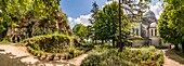 France, Lot et Garonne, Penne-d'Agenais, panoramic view of the Basilica Notre-Dame de Peyragude and the sanctuary in the caves