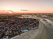 France, Somme, Baie de Somme, Le Crotoy, Sunrise over the Crotoy and the Baie de Somme at low tide (aerial view)