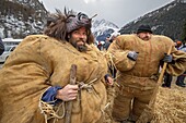 Switzerland, Valais, Evolene valley, Evolene, Carnaval with the Empailles and the Peluches who come from Pagan rites and go around the villages to frighten the bad spirits of winter