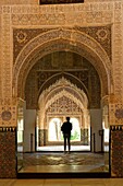 Spanien, Andalusien, Granada, der Alhambra-Palast, von der UNESCO zum Weltkulturerbe erklärt, erbaut zwischen dem 13. und 14. Jahrhundert von der Nasriden-Dynastie, islamische Architektur, fein gemeißelte Stuckarbeiten in der Sala de las Dos Hermanas (dem Saal der zwei Schwestern)