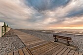 France, Somme, Baie de Somme, Cayeux-sur-mer, the largest plank road in Europe bordered by beach huts