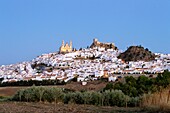 Spain, Andalucia, Cadiz province, white village of Olvera, the Church of Our Lady of the Incarnation and the Arabic fortress