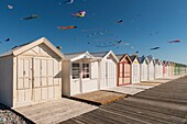 France, Somme, Baie de Somme, Cayeux-sur-mer, Festival of kites along the path of boards and beach huts