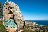 Spain, Andalucia, province of Cadix, around Tarifa, rocks above the duna de Bolonia and the Moroccan coast far ahead