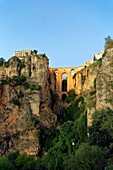 Spain, Andalusia, Malaga Province, Ronda, white villages road (Ruta de los Pueblos Blancos), perched village on a rocky spur and the Puente Nuevo (New Bridge)