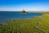 France, Manche, The Mont Saint Michel from a drone machine