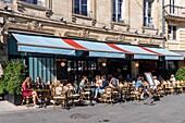 France, Gironde, Bordeaux, area classified as World Heritage by UNESCO, the Golden Triangle, Place des Grands-Hommes, café terrace and restaurant Amore