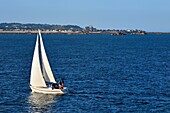 Vereinigtes Königreich,Kanalinseln,Jersey,Segelboot vor der Küste von Le Hocq und das Schloss von Mont Orgueil im Hintergrund