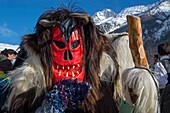 Switzerland, Valais, Lotschental valley, Wiler, Tschaggatta Carnival, costumes are made from animal skins, wooden masks and horse hair