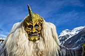 Switzerland, Valais, Lotschental valley, Wiler, Tschaggatta Carnival, costumes are made from animal skins, wooden masks and horse hair