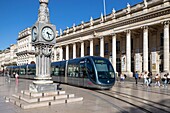 France, Gironde, Bordeaux, area classified as World Heritage by UNESCO, the Golden Triangle, Quinconces district, Place de la Comédie, TBM network tram in front of the Grand-Théâtre, built by architect Victor Louis from 1773 to 178