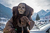 Switzerland, Valais, Lotschental valley, Wiler, Tschaggatta Carnival, costumes are made from animal skins, wooden masks and horse hair