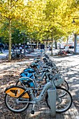 France, Gironde, Bordeaux, area classified as World Heritage by UNESCO, place des Quinconces, classic and electric bicycle station in self-service of the TBM network