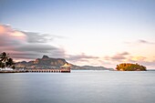 Mauritius, Grand Port district, Mahebourg, jetty on the lagoon, Mouchoir Rouge island and Lion Mountain in the background