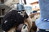 Switzerland, Valais, Evolene valley, Evolene, Carnaval with the Empailles and the Peluches who come from Pagan rites and go around the villages to frighten the bad spirits of winter