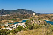 Spain, Andalusia, Cadix province, Zahara de la Sierra, Sierra de Grazalema Natural Parc, general view of the village, Ruta de los Pueblos Blancos (white villages road), San Juan de Letran chapel and the medieval tower above the village and the lake of Zahara-el Gastor dam