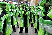 Switzerland, Valais, Evolene valley, Evolene, Carnaval with the Empailles and the Peluches who come from Pagan rites and go around the villages to frighten the bad spirits of winter, Guggenmusic group