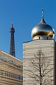 France, Paris, orthodox cathedral of the Holly Trinity in Quai Branly and the Eiffel tower in the background