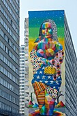 France, Paris, mural on the facade of an apartment building called Mona Lisa by street artist Okuda San Miguel in Avenue d'Ivry