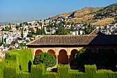 Spanien,Andalusien,Granada,der Alhambra-Palast,von der UNESCO zum Weltkulturerbe erklärt,zwischen dem 13. und 14. Jahrhundert von der Nasriden-Dynastie erbaut,islamische Architektur,im Hintergrund der Albaicin