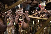 Papua New Guinea, East Sepik Province, Sepik River Region, Chambri Lake, Wombun Village, House of Spirits (Haustambaran) named Walindimi, sacred flutes players