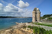 France, Ille et Vilaine, Cote d'Emeraude (Emerald Coast), Saint Malo, Saint-Servan district, the port and the Solidor Tower built in 1382, Cap-Hornier Long-Course International Museum (aerial view)