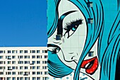 France, Paris, street art, mural called Turncoat by DFace on the facade of an apartment building in Boulevard Vincent Auriol