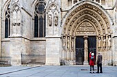 France, Gironde, Bordeaux, area classified as World Heritage by UNESCO, place Pey-Berland, the tympanum of the north portal of Saint-André cathedral