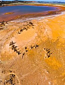 Spain, Andalucia, province of Huelva, embalse de Gossán from a drone machine, Rio Tinto