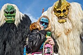 Switzerland, Valais, Lotschental valley, Wiler, Tschaggatta Carnival, costumes are made from animal skins, wooden masks and horse hair