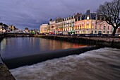 France, Territoire de Belfort, Belfort, Corbis bridge over the Savoureuse river, Avenue Foch, buildings, Christmas lights