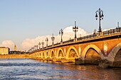 France, Gironde, Bordeaux, area listed as World Heritage by UNESCO, the Pont de Pierre over the Garonne, brick and stone vaulted bridge inaugurated in 1822