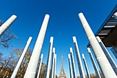 France, Paris, area listed as World Heritage by UNESCO, the Mur pour la Paix (Wall for peace) by artist Clara Halter and architect Jean Michel Wilmotte on the Champ de Mars plaza and the Eiffel tower