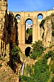 Spain, Andalusia, Malaga Province, Ronda, white villages road (Ruta de los Pueblos Blancos), perched village on a rocky spur and the Puente Nuevo (New Bridge)