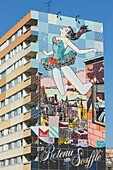 France, Paris, mural on the facade of an apartment building located in Rue Jeanne d'Arc called Et J'Ai Retenu Mon Souffle by street artists Patrick MacNeil and Patrick Miler under the name of Faile