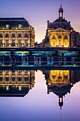 France, Gironde, Bordeaux, area classified as World Heritage by UNESCO, Saint-Pierre district, tram on the Place de la Bourse, the reflecting pool dating from 2006 and made by the fountain maker Jean-Max Llorca