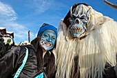 Switzerland, Valais, Lotschental valley, Wiler, Tschaggatta Carnival, costumes are made from animal skins, wooden masks and horse hair